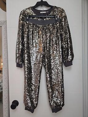 Alice + Olivia Sequin Tracksuit Set Gold Silver Ombre Sweatshirt & Jogger Size S